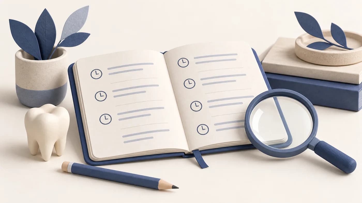 Illustration of a diary, clock symbols and magnifying glass for recording symptoms.