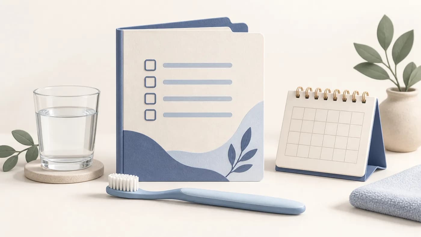Illustration of instructions, a calendar, toothbrush and water for aftercare and reviews.